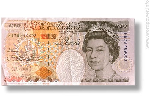 A photo quality image of the British Queen Elizabeth on a ten pound note